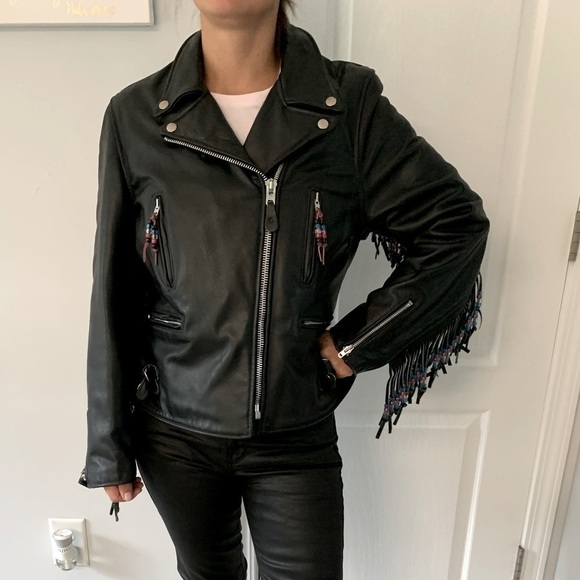 Vintage Black Leather Racer Motorcycle Lined Jacket‎ tassels beaded customized - Picture 2 of 16